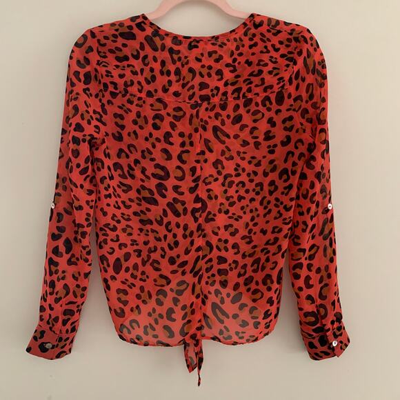 DEB Sheer Pink Leopard Red Button Down High Low Blouse XS - Picture 8 of 12